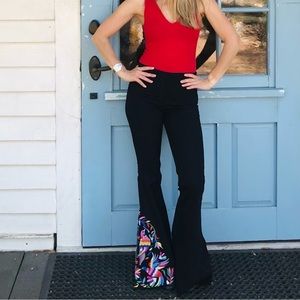 JUDITH MARCH BLACK DENIM MEXICAN BIRD EMBROIDERED FLARE PANT JEANS